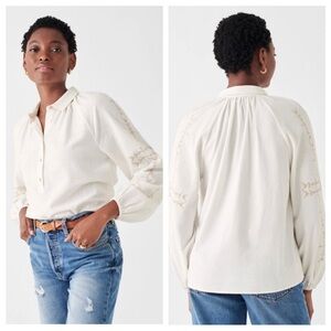 NWT Faherty Doug Goodfeather Journey 100% Cotton Top White w Tan Embroidery sz M